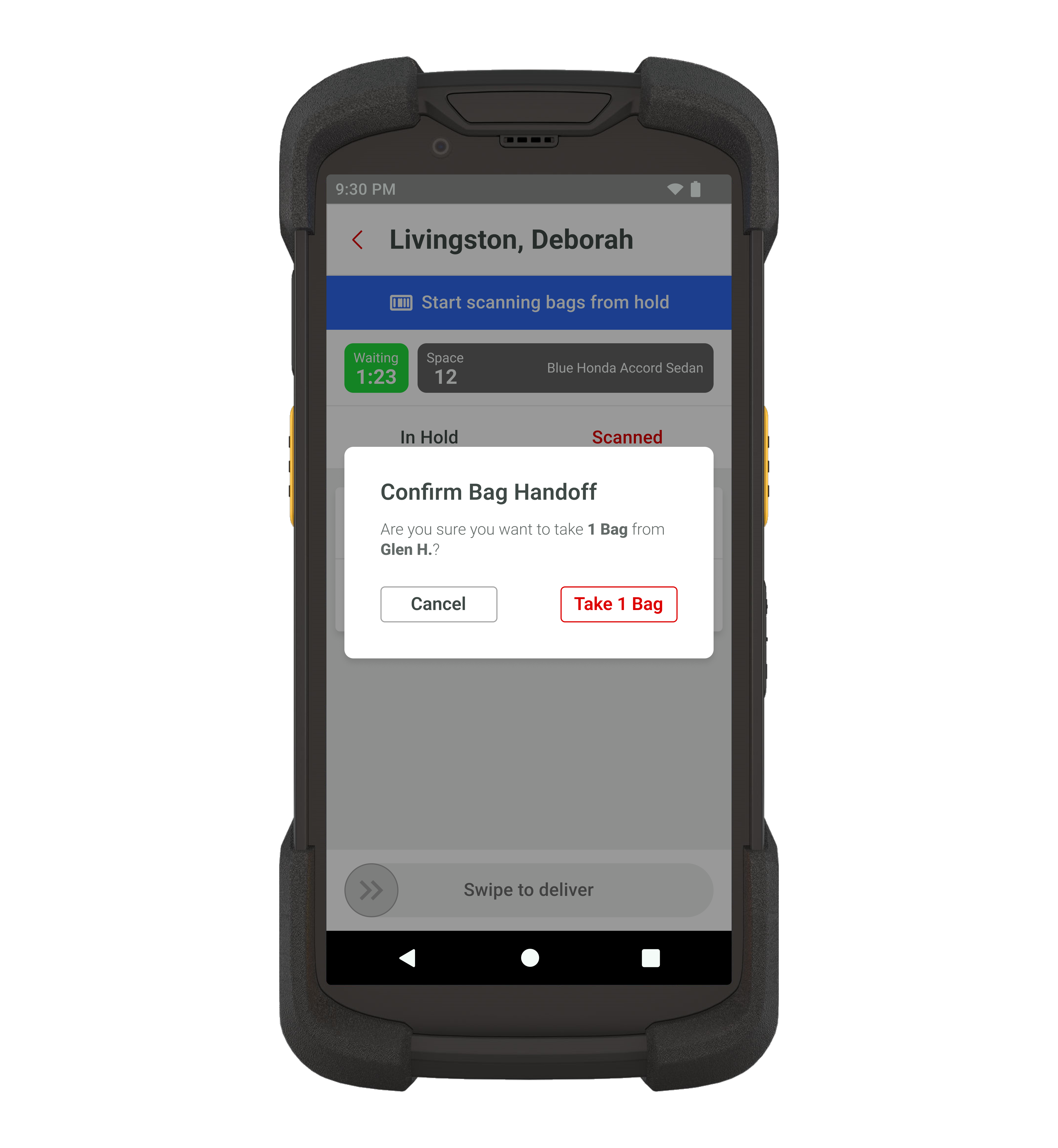 Take from Hand high-fidelity prototype with confirmation flow