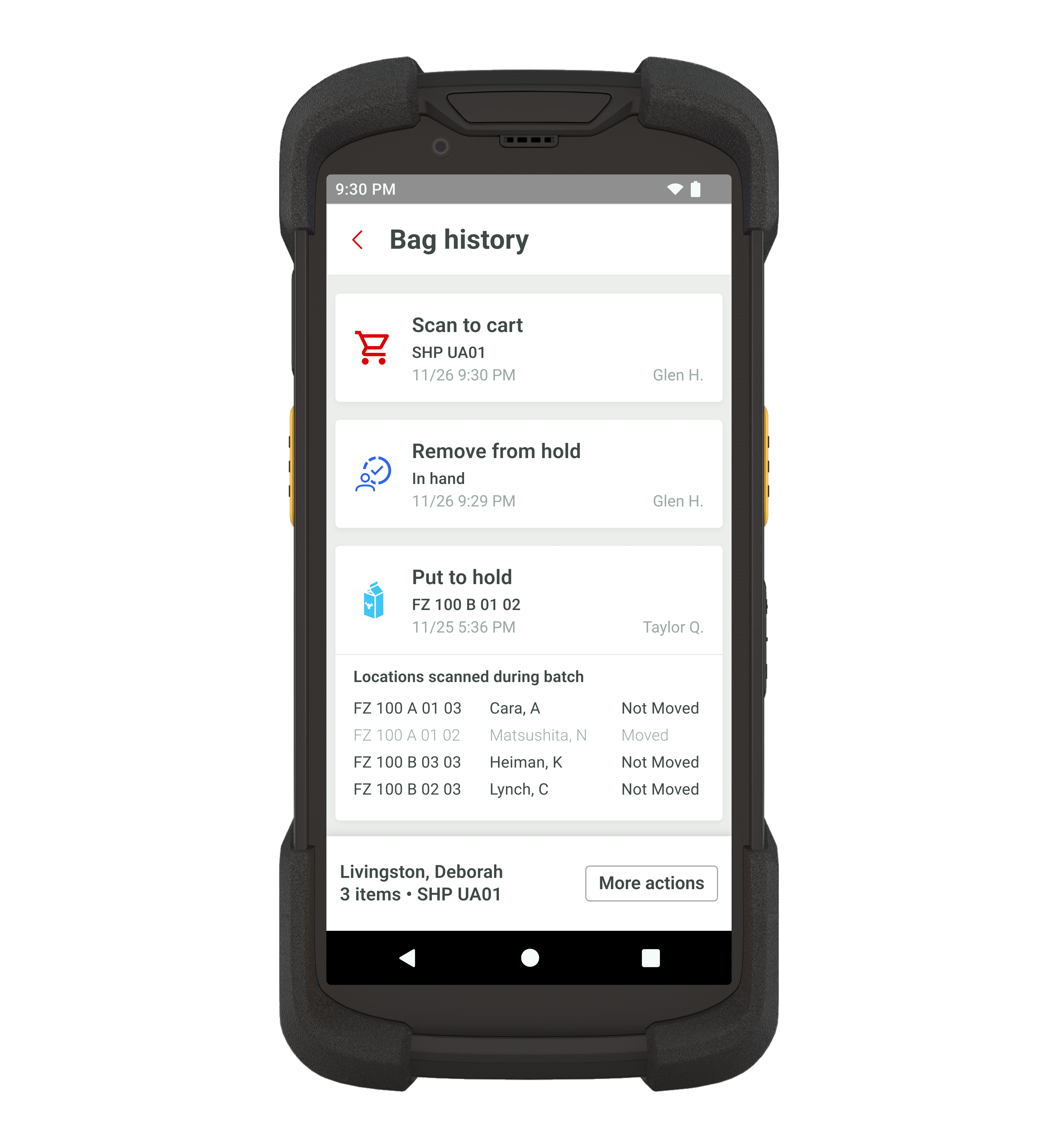 Bag History high-fidelity prototype showing order tracking