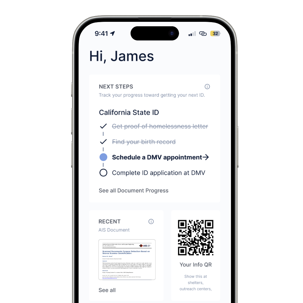 ID Bridge app screens showing dashboard, service finder, and progress tracking